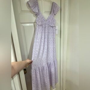 NEW lavender purple Ditsy floral bow back v flutter sleeve maxi dress